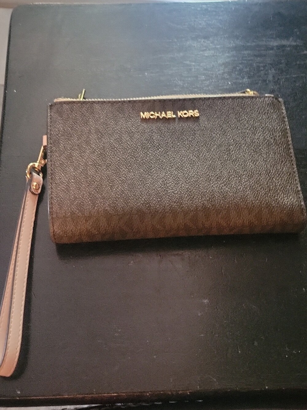 Michael Kors Brown and Tan Logo Wristlet with Gold Hardware